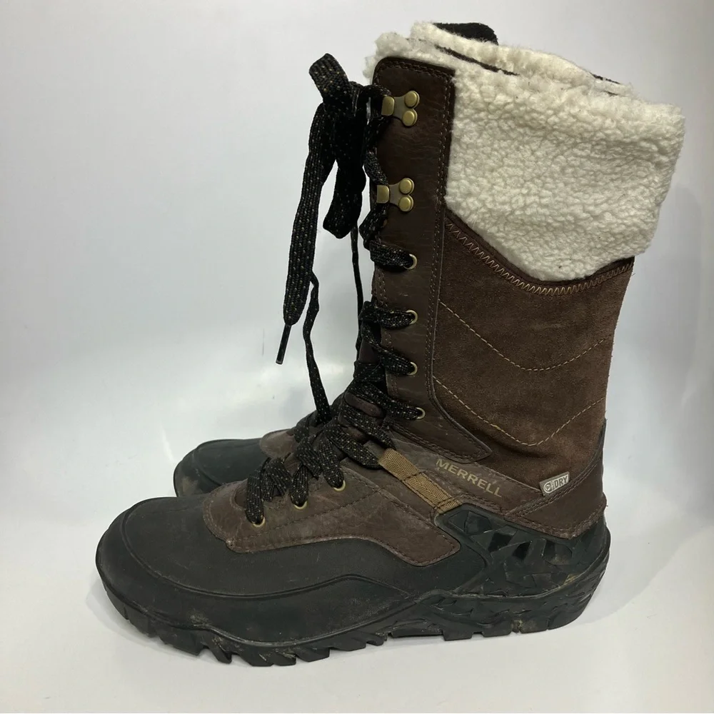 Merrell aurora tall ice plus waterproof winter boots brown black womens size 7.5